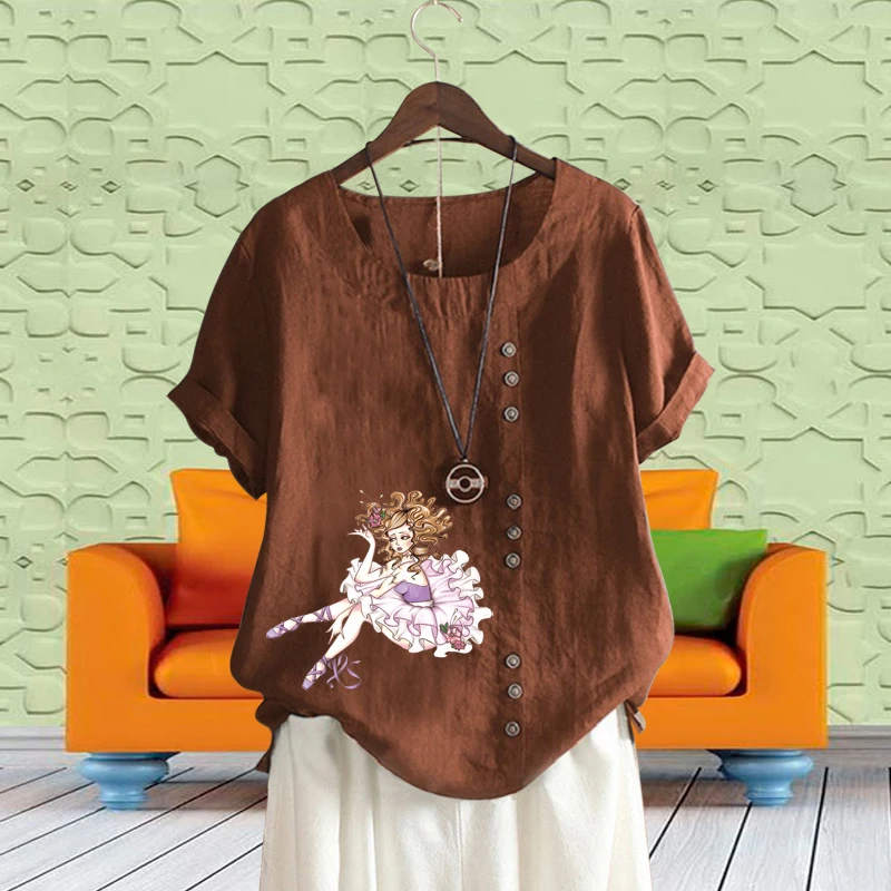 

New Arrival Summer Ladies Cartoon Girls Printed Loose T-shirt Trendy Casual Linen Round Neck Solid Color Shirt Top XS-5xl