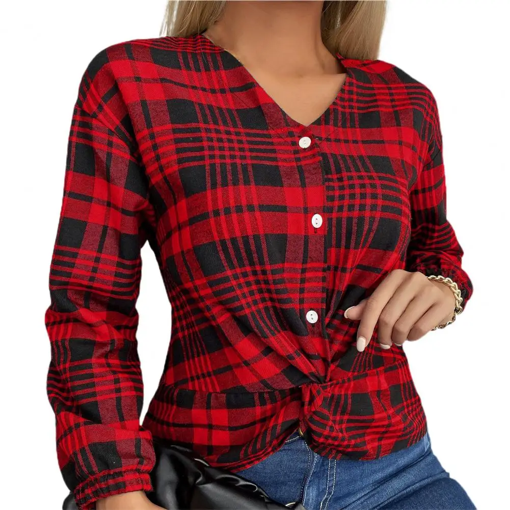 

Women Shirt Plaid V Neck Autumn Winter Vintage Buttons Blouse for Daily Wear