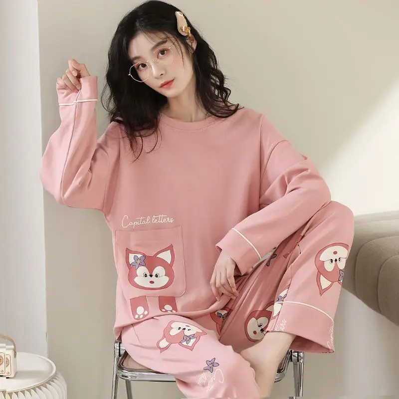 New spring and autumn pajamas women's cotton long-sleeved suit cute cartoon wearing casual student home clothes two-piece.