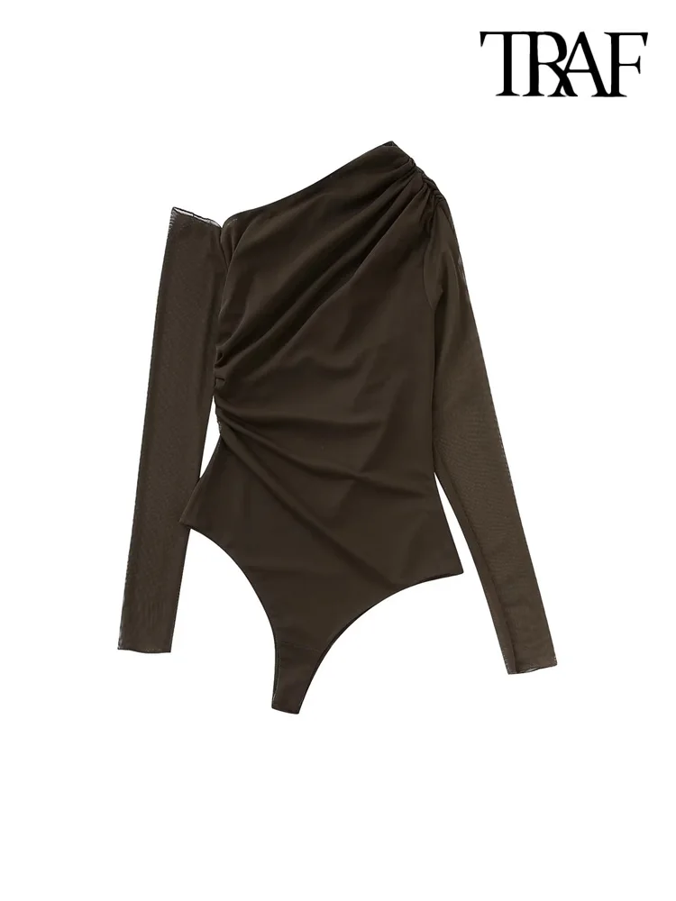 

Женское асимметричное Плиссированное боди из фатина с открытыми плечами и длинным рукавом