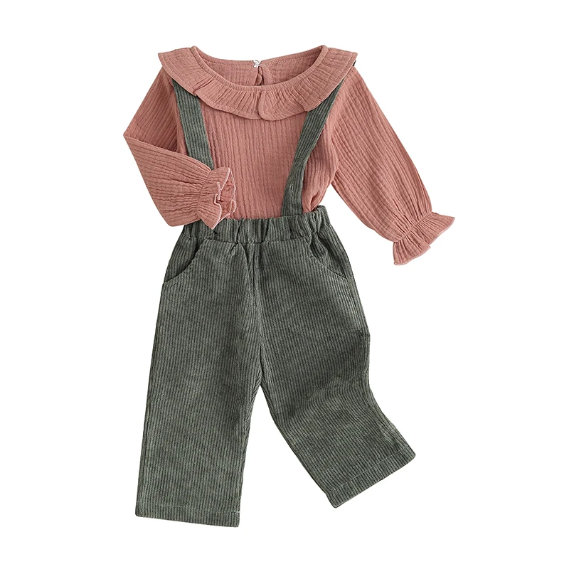 

BeQeuewll Baby Girl 2Pcs Fall Outfits Long Sleeve Doll Lotus Leaf Sleeve Collar Tops And Suspender Pants Set Toddler Clothes