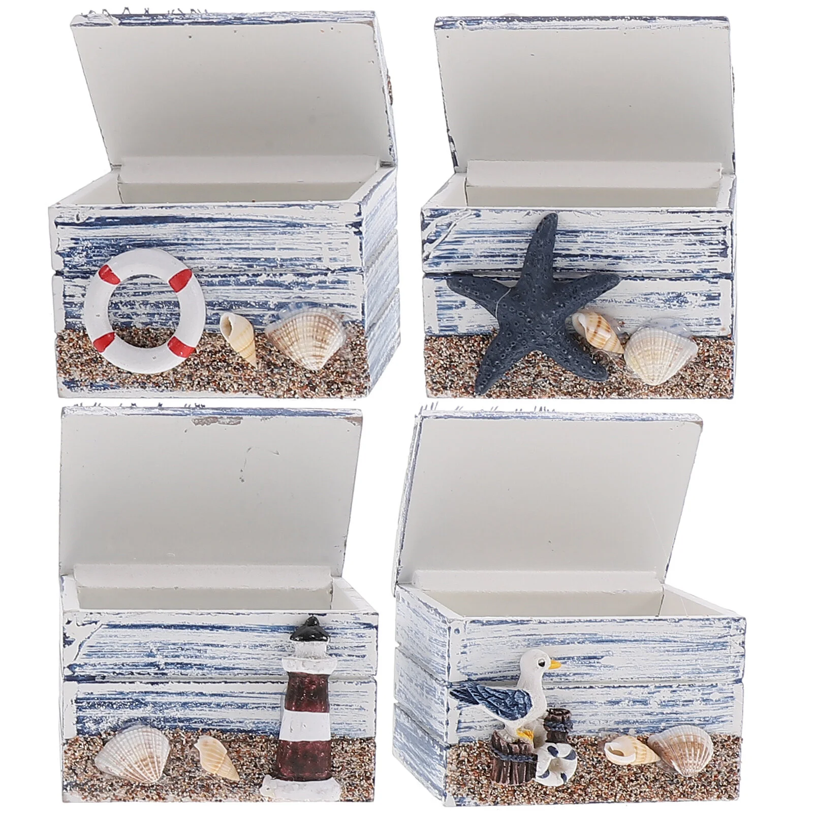 

4Pcs Wood Trim Delicate Jewelry Ring Storage Box Ocean Themed Trinket Box