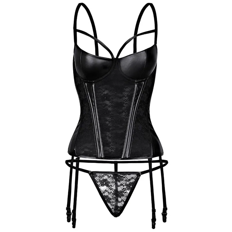 Guepiere Lingerie Sexy Corset Avec Jarretelles PU leather Black Korse Basque Suspender Korset Bustier Korsett Plus Size Langeri
