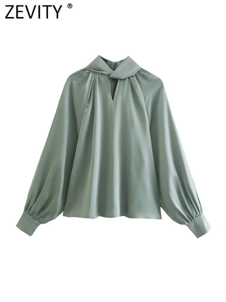

Zevity Women Fashion Solid Color Twist Knot Collar Casual Smock Blouse Lady Chic Hole Pleats Satin Shirt Blusas Tops LS10183