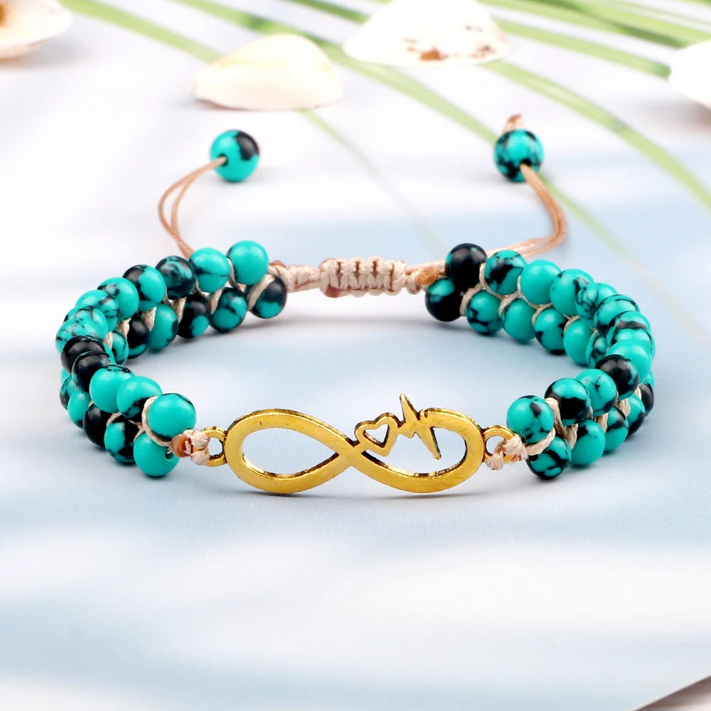 Двухрядный плетеный браслет 4 мм из зеленого и черного натурального камня