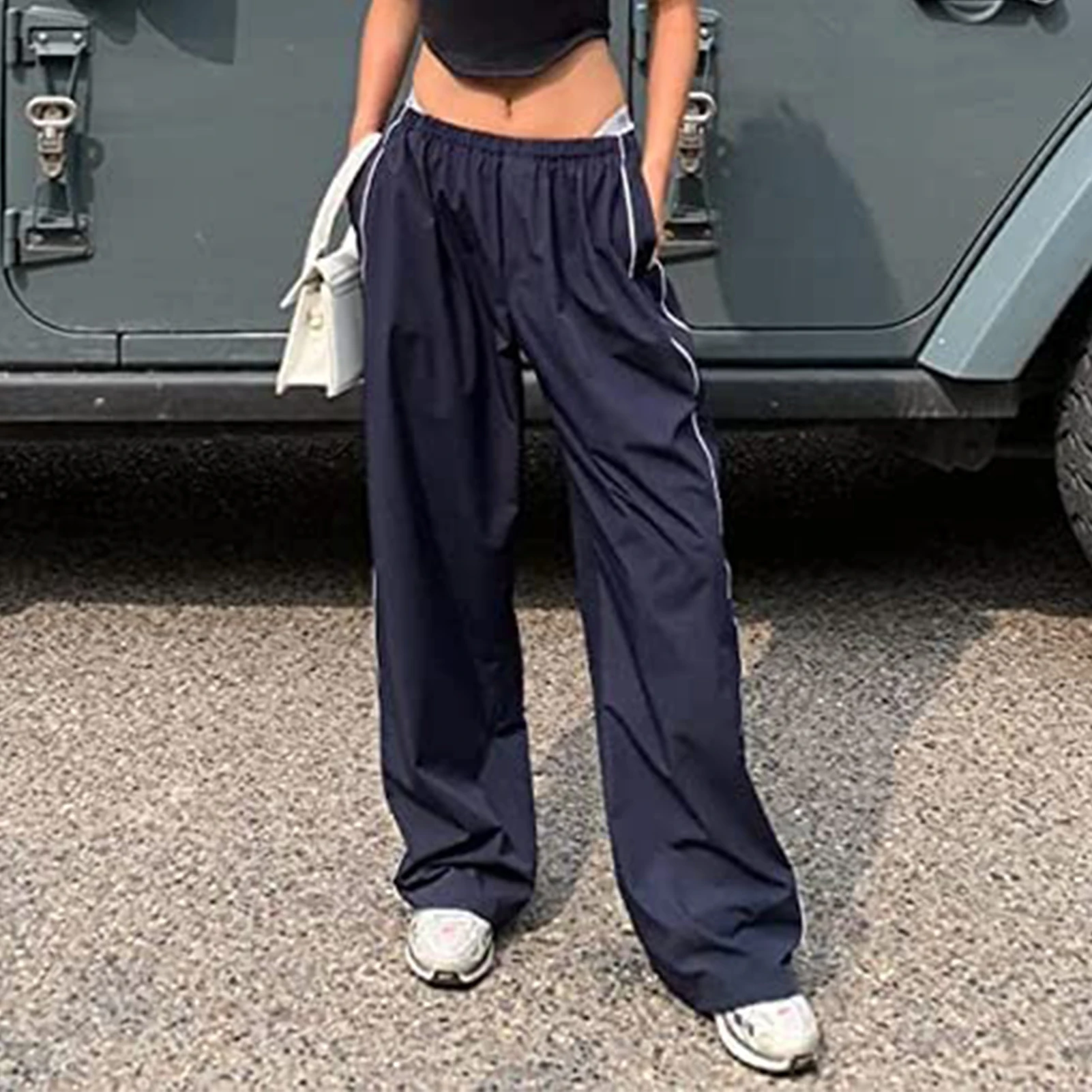 

Cotton Track Pants Drawstring Floor-length Pants Elastic Waist Loose Y2k Style Soft Breathable for Sports Travel