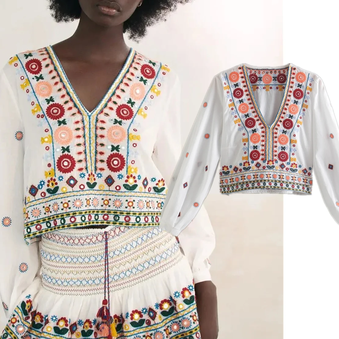 

Maxdutti Indie Folk Bohemian Vintage Embroidery Blouse V-neck Kimono Shirts Casual Short Blouse Women