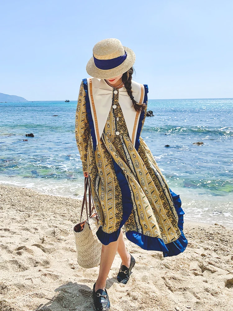 

Sailor Collar Ruffles Splice Long Sleeve Floral Dress for Women Vintage Elegant Loose Casual Beach Style Dresses 2022 Spring Q11