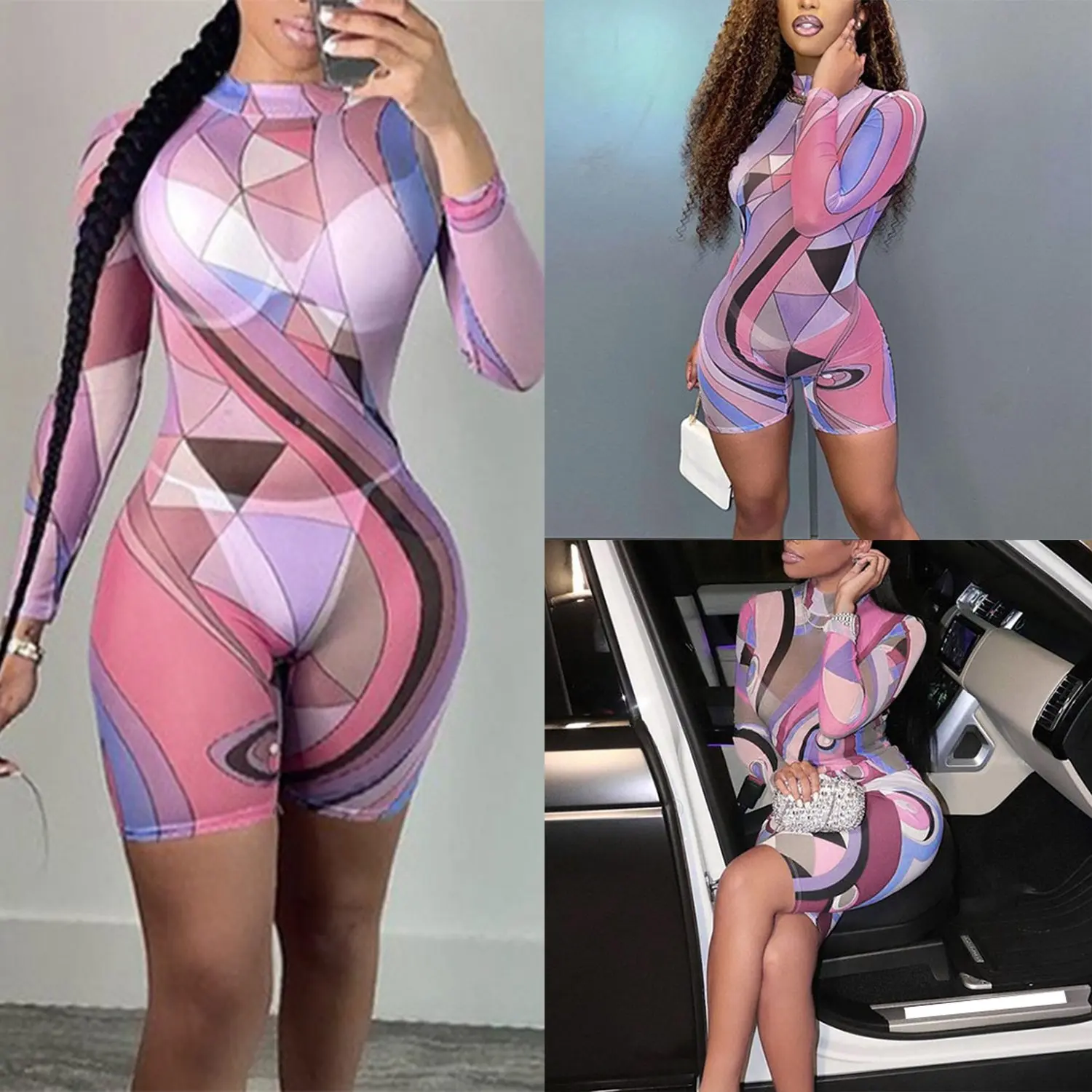 

ASDS-Women's Fashion Sexy High Waist Bag Hip Mesh Printed Skinny Sports Jumpsuit Multicolor