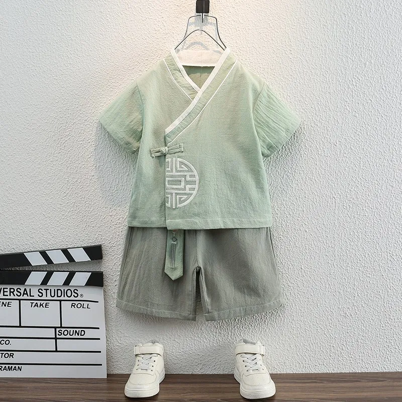 Boys summer Chinese style Tang dress Hanfu short sleeve set cotton 3-4-2 year old baby ancient costume children two sets