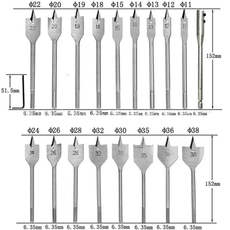 

19pcs 11-38mm Flat Drill Long High-carbon Steel Wood Flat Drill Set Woodworking Spade Drill Bits Durable Woodworking Tool Sets