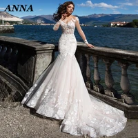 anna beauty wedding dress 2022 bohemia o neck long sleeve appliques sweep train appliques vestido de noiva civil women skirt