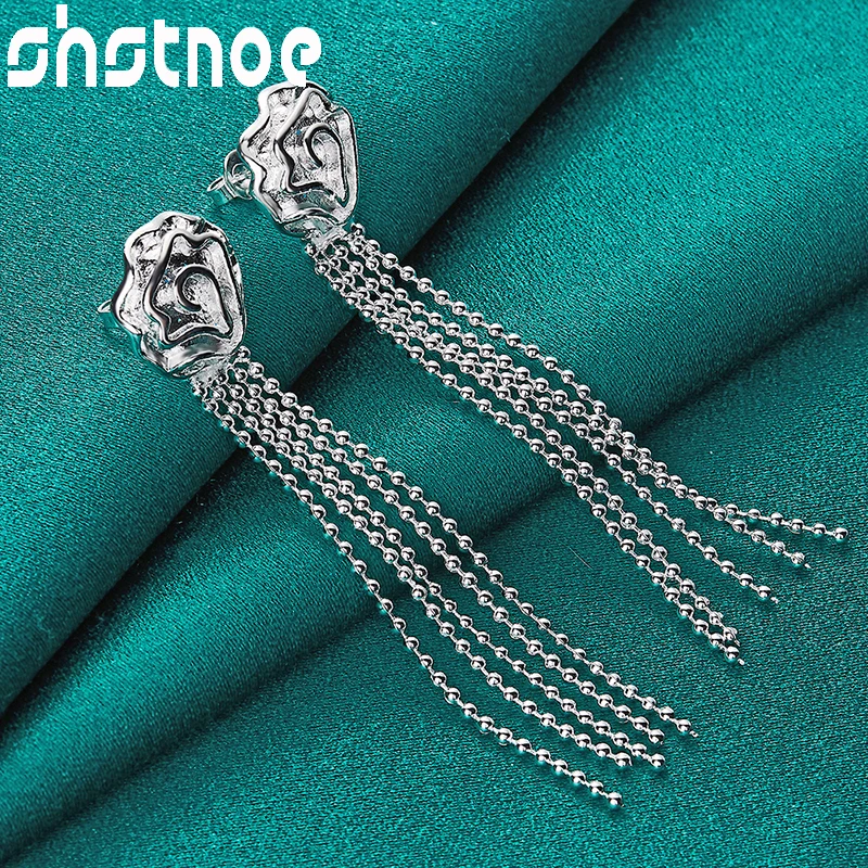 

925 Sterling Silver Flower Tassel Long Bead Line Drop Earrings For Women Party Birthday Engagement Wedding Fashion Charm Jewelry