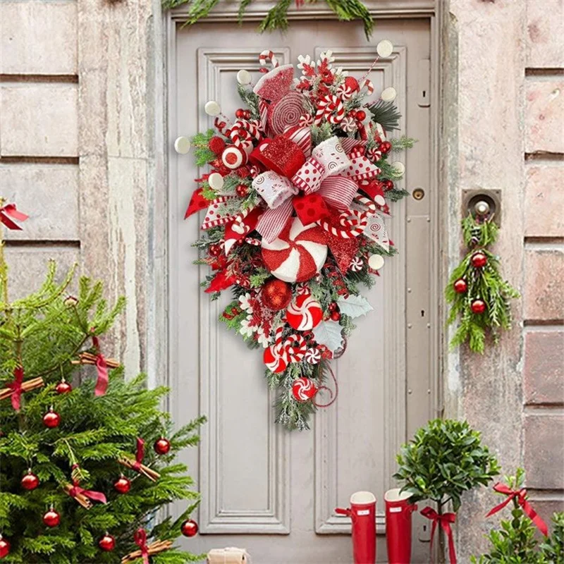 

50cm Large Christmas Wreath Hanger For Front Door Fireplace Red Christmas Candy Cane Wreath Xmas Tree Garland Outdoor Home Decor
