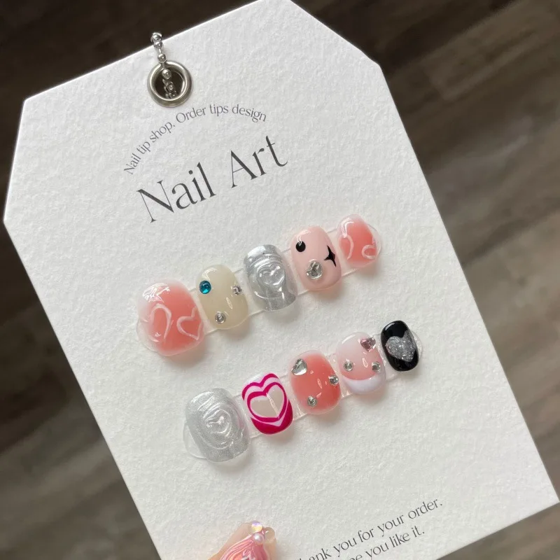 

Handmade Fake Nails Short Round Hand Painted Metallic Clash of Colours Personalised Acrylic Full Cover Nail Tips for Girls