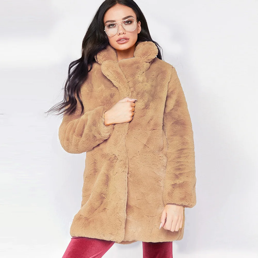 Women's Leather Fur Coat Mid-Length Faux Fur Coat Women's Loose Fluffy Soft Rabbit Fur Faux Fur Coat