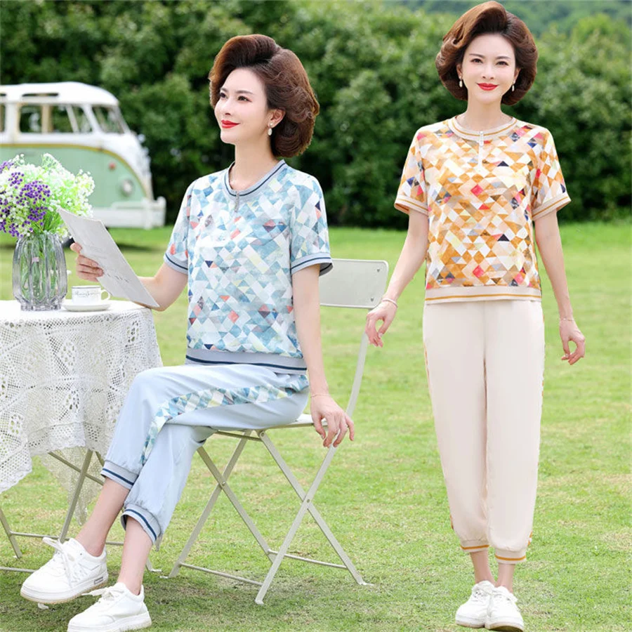 

Summer Tracksuit Women Patchwork Short Sleeve Top and Wide Leg Pants Suits Casual Two Piece Set Womens Outfits