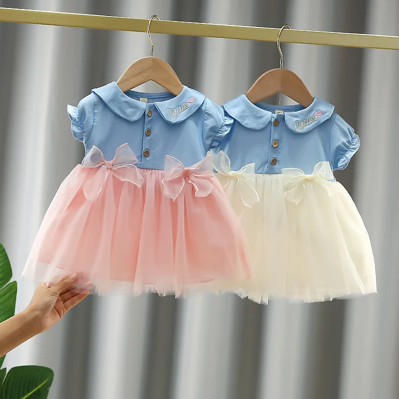 

0-5Y Girls Summer Dress Denim Shortleeve Tops Skirts Tulle Tutu Princess Dresses Children Kids Clothes Soft Cotton Fabric
