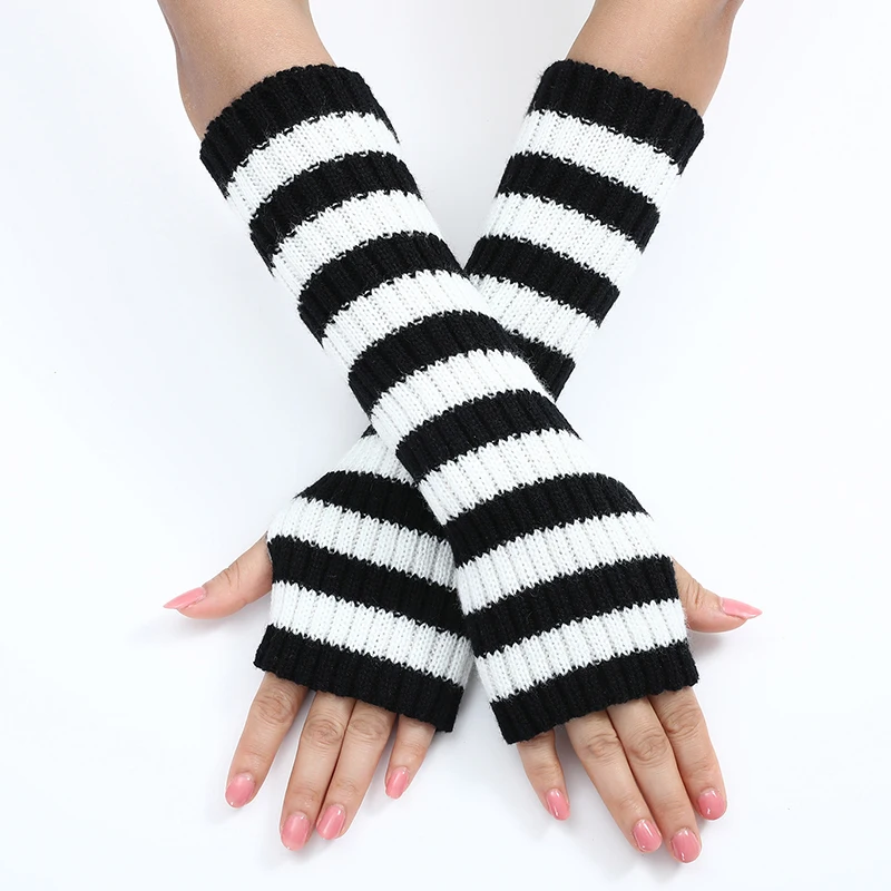 

Длинные вязаные перчатки в полоску, женские универсальные цветные перчатки без пальцев, осенне-зимние теплые плотные шерстяные рукавицы на полпальца