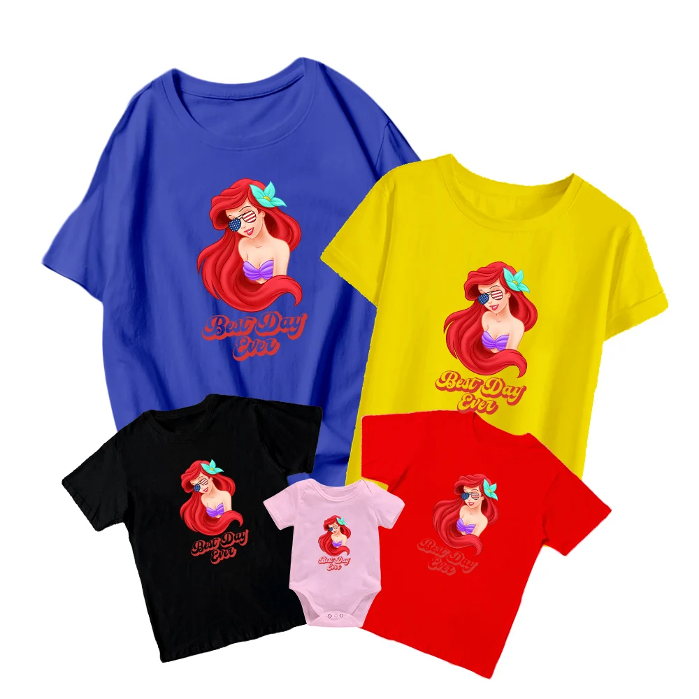 

T Shirts Ariel With Sunglasses Disney American Flag Kids Short Sleeve Baby Girl Boy Baby Romper Family Matching Adult Unisex Top