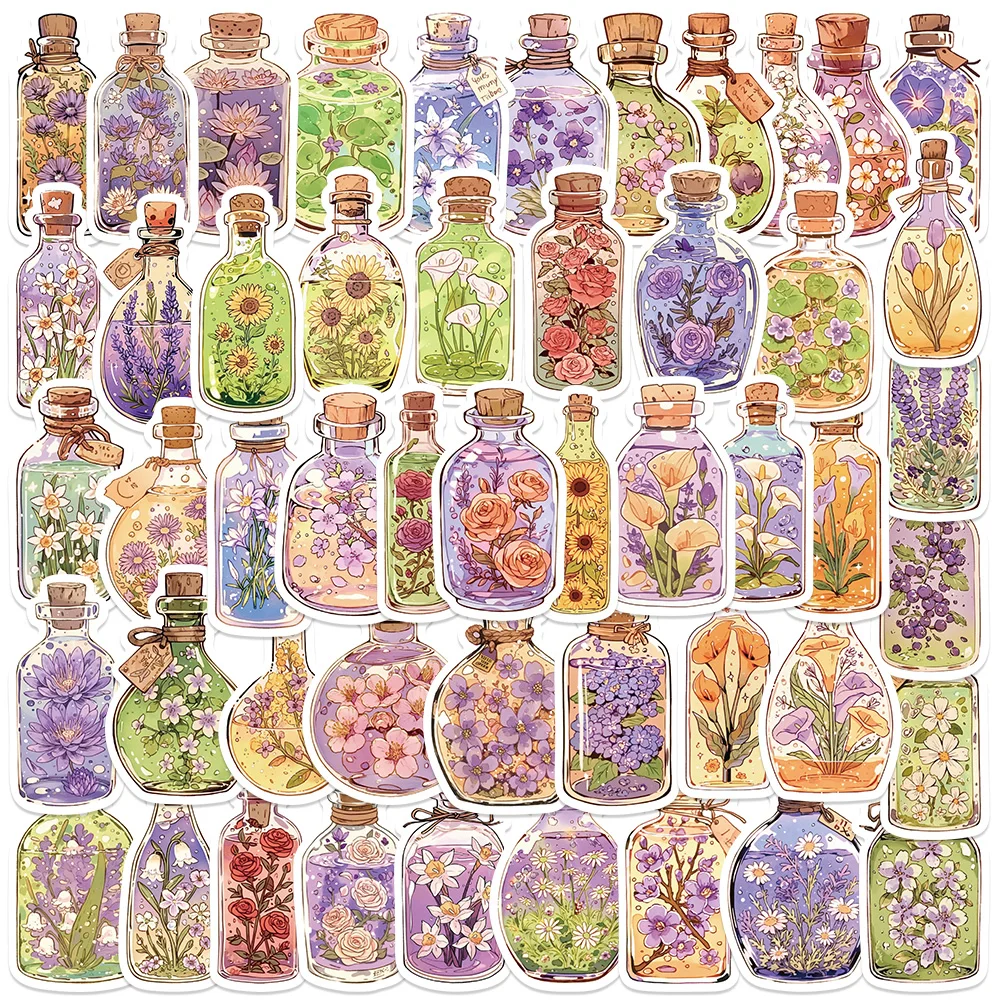 50 шт. эстетические милые мультяшные стеклянные бутылки с цветами наклейки для