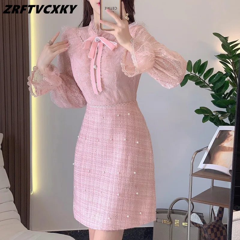 

Women Flare Long Sleeve Lace Patchwork Tweed Dresses New Fashion Runway Beaded Bow Ruffles Slim Pink Mini Dress Vestidos