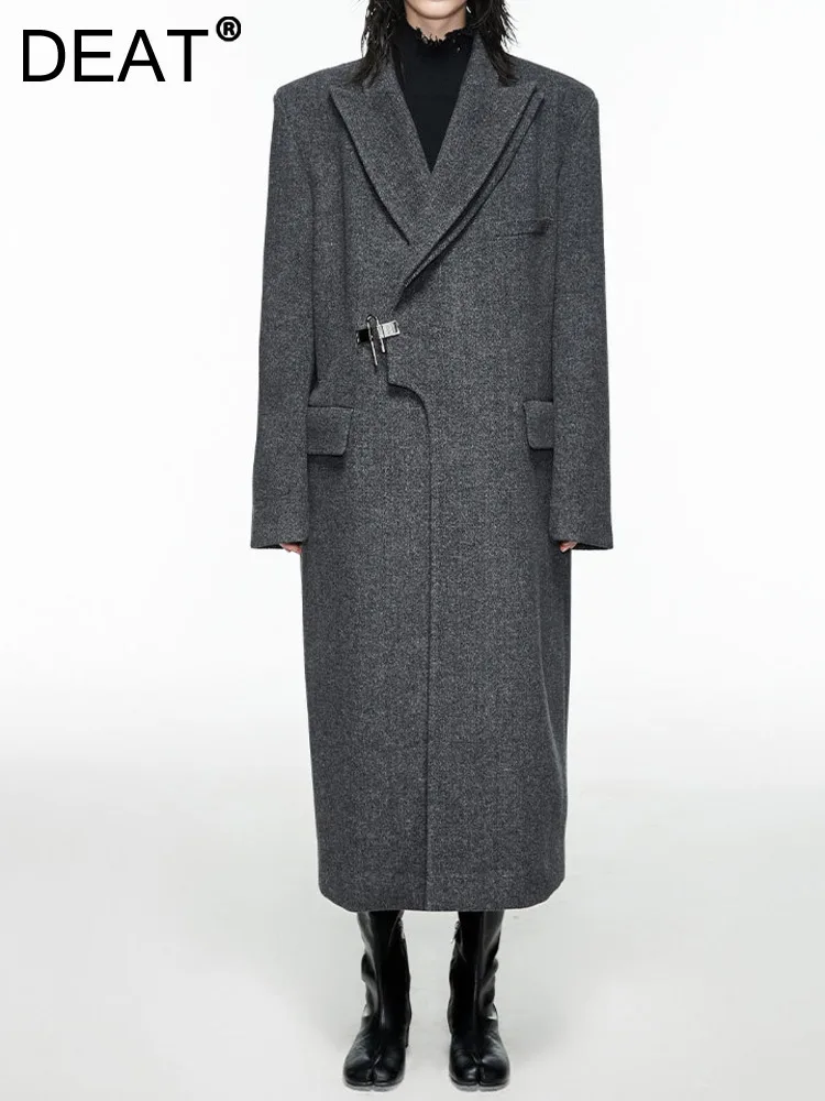 

DEAT Fashion Women's Woolen Coat Tierred Lapel Loose Metal Aircraft Buckle Long Sleeve Thick Overcoat Winter 2023 New 17A5190H
