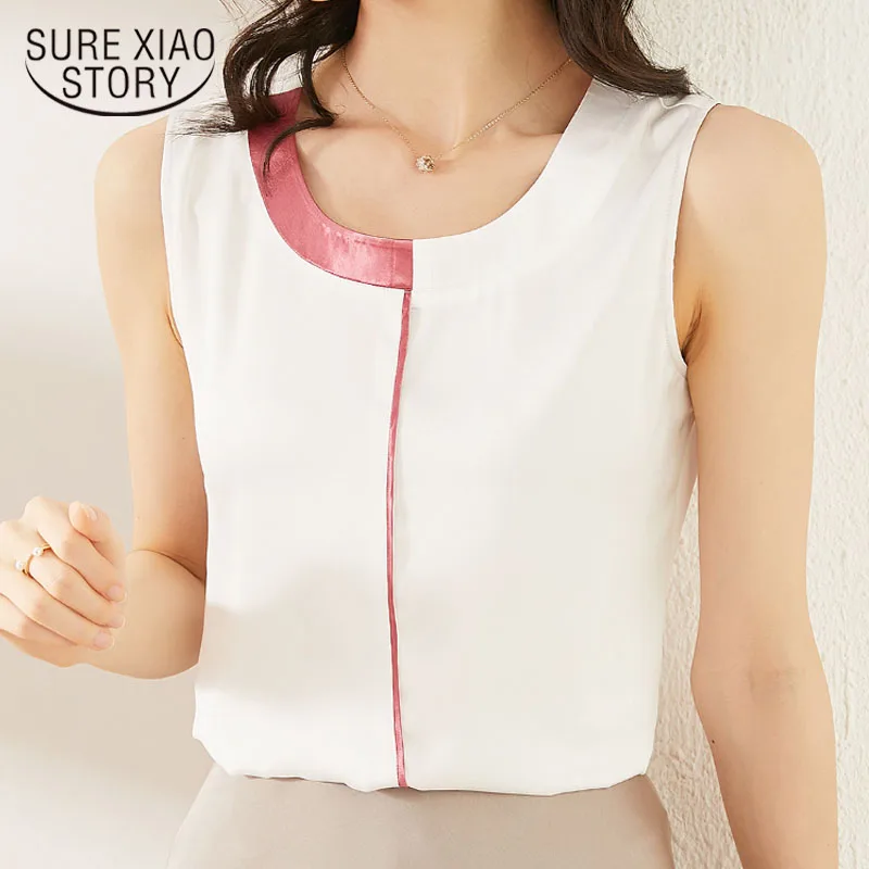 

Contrast Color Satin Out Wear Small Vest Female Blouse Summer New Style Shirt All-match casualSlim Silk Chiffon Shirt 9612
