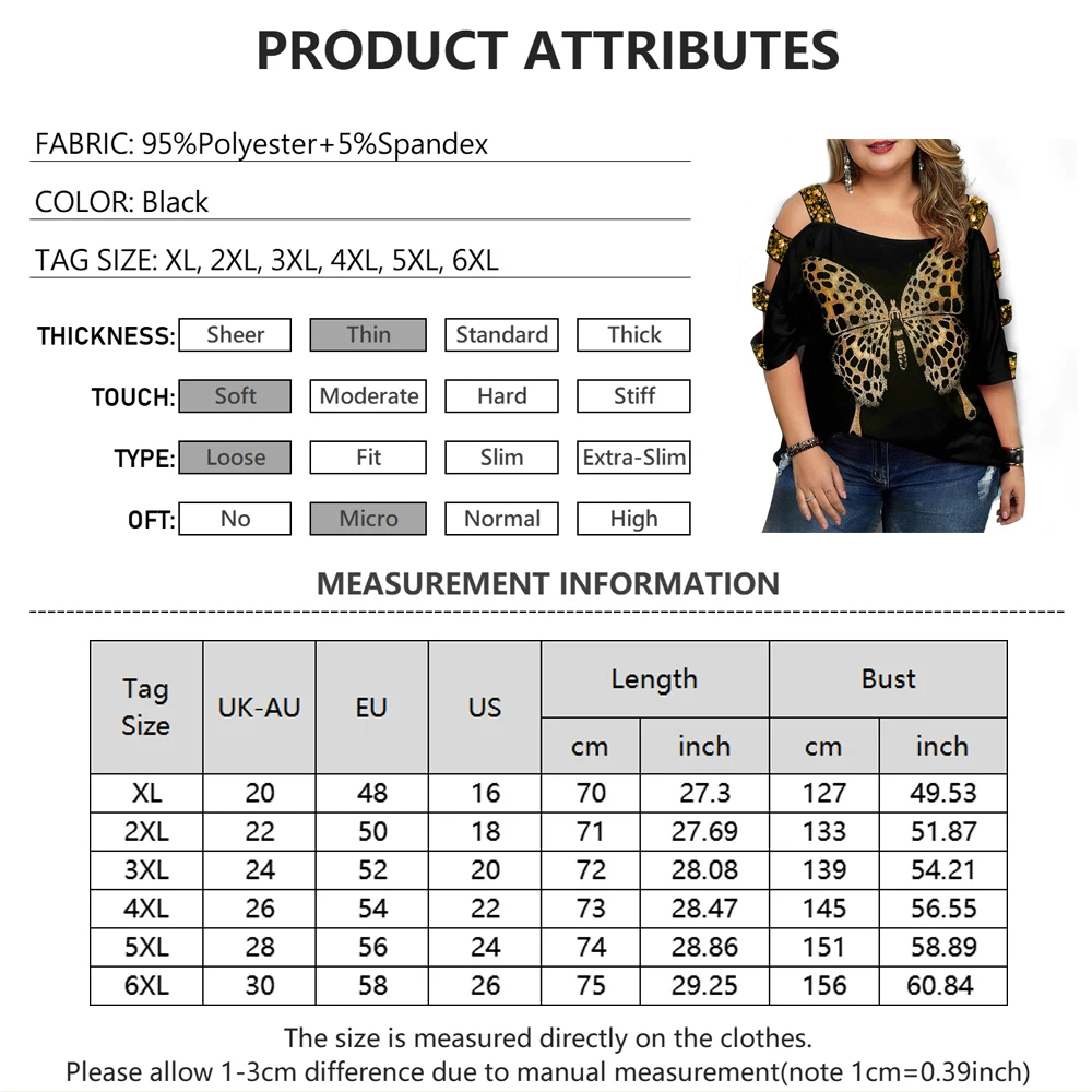 Cut Off The Shoulder Plus Size Ladies Tunic T Shirt Summer Sequined Hollow Out Short Sleeve Oversized 5Xl 6Xl Casual Y2K Tee Top