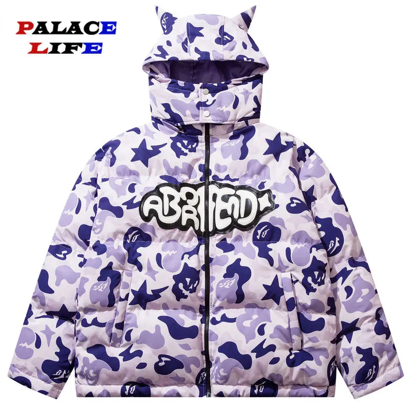 Hip Hop Removable Hooded Jacket Parkas Men Streetwear Camouflage Devil Horn Thicken Warm Padded Coats Harajuku Puffer Jackets