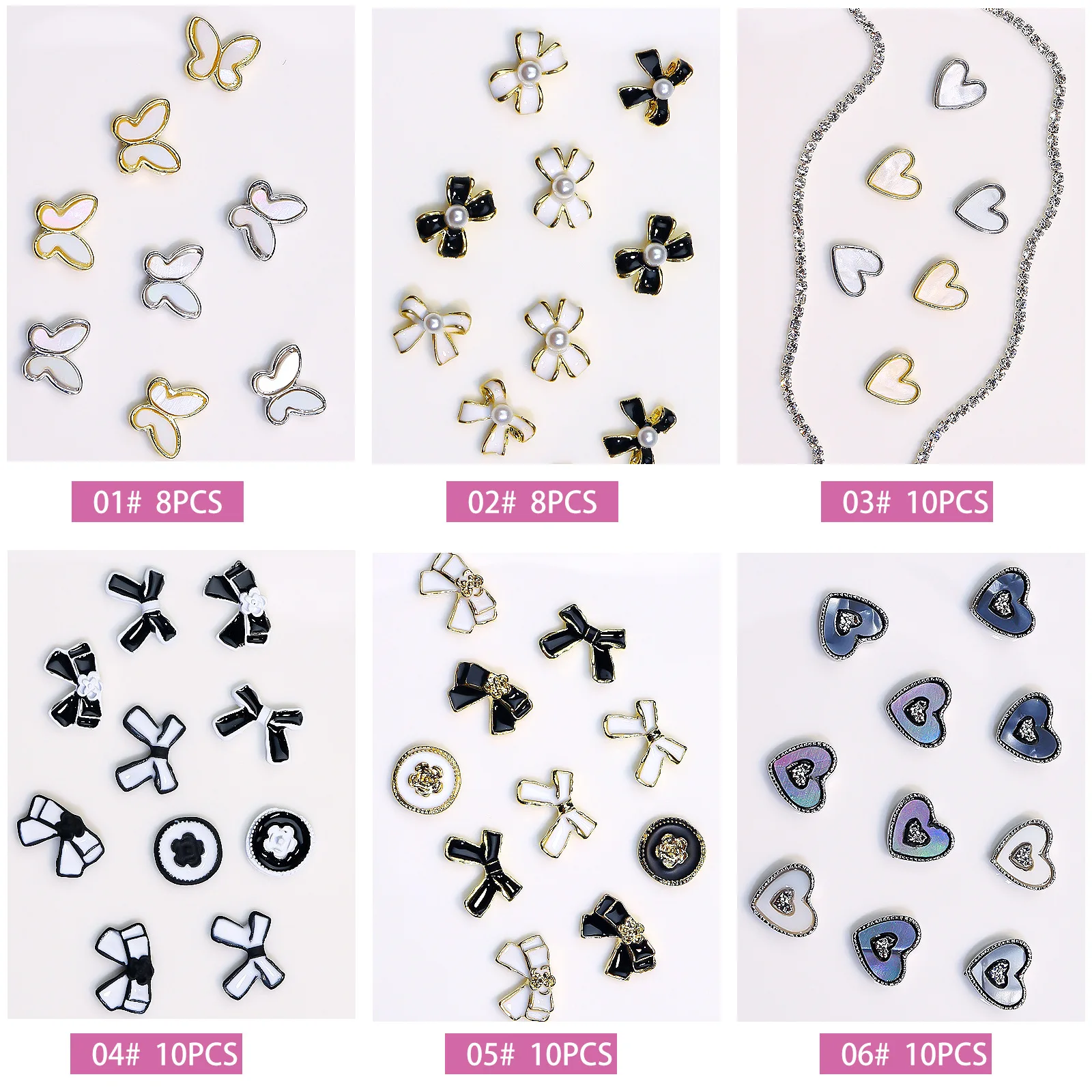 

8/10PCS Hot Black White Contract Rose Bowknot Diamonds Love Heart Alloy Nail Art Rhinestones Jewel Decorations Manicure Charms