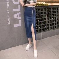 women side breasted buttons long split hip skirts high waist slim stretch sexy pencil denim skirt female all match streetwear