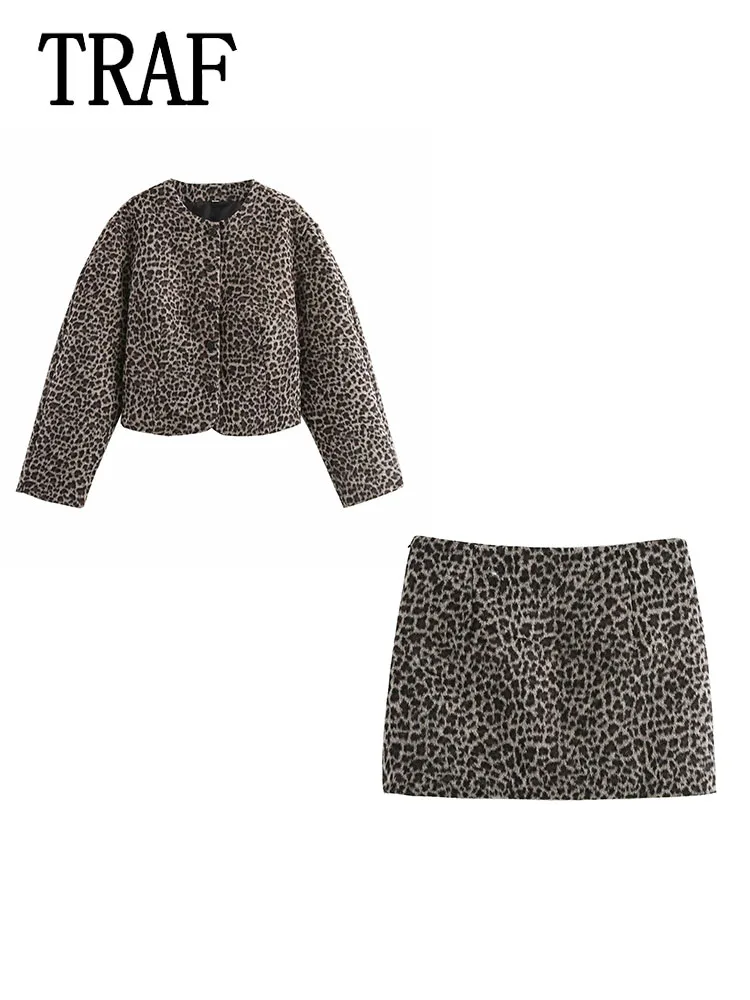 TRAF женские комплекты мини-юбки с животным принтом модный однобортный короткий