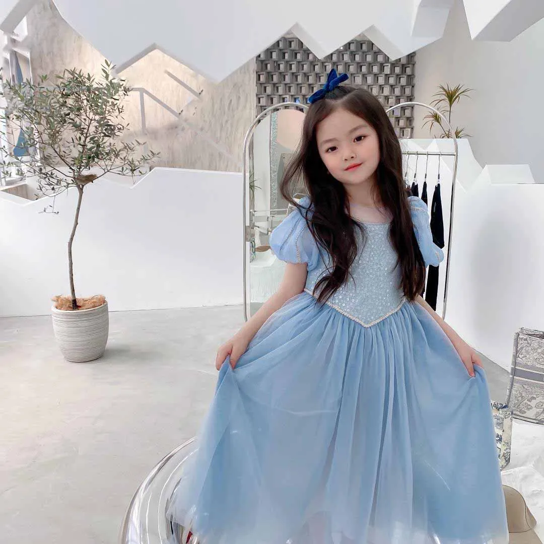 

2022 Summer girls lace Princess Dress Puff Sleeves Sequins Shiny Outfits Performance Costume Amusement Park Children Clothes