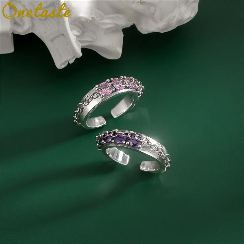 

Real S925 Silver Chain Pave Setting Zircon Open Rings For Women Korean Style Shining Micro-inlay Pink Purple Stone Ring 2022 New