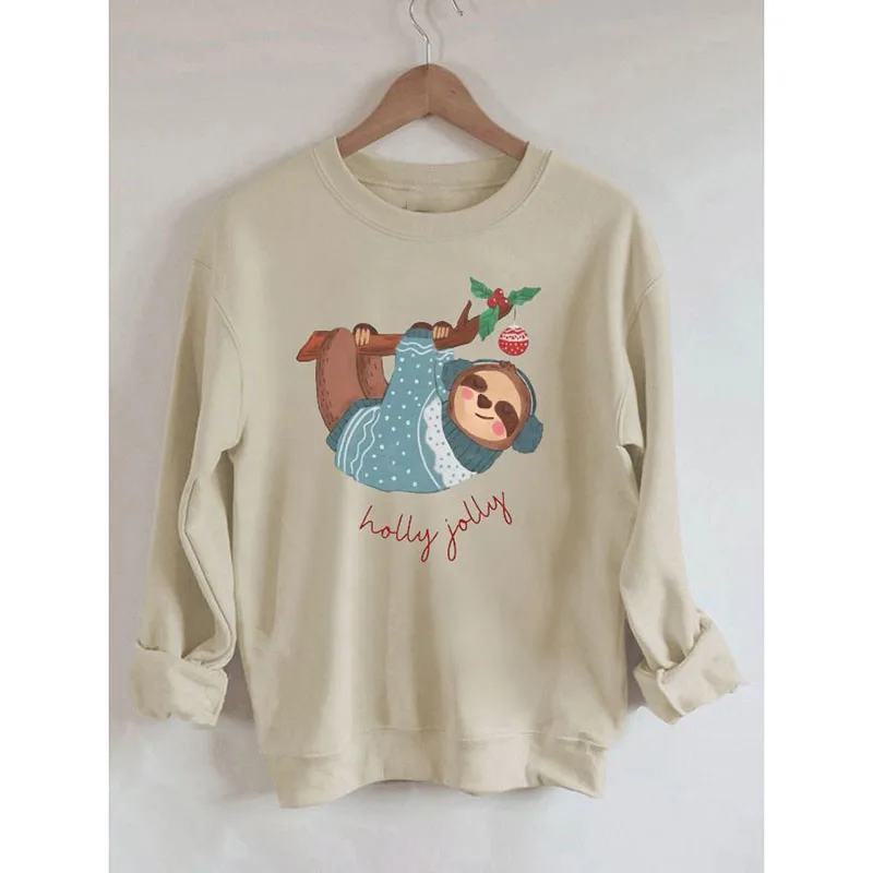 

Rheaclot Holly Jolly Sloth Рождественский принт Женская Повседневная хлопковая толстовка с длинным рукавом