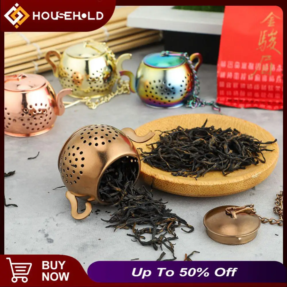 

Stainless Steel Tea Strainer Teapot Shape Loose Tea Infuser Leaf Tea Maker Strainer Chain Drip Tray Spice Filter Accessories