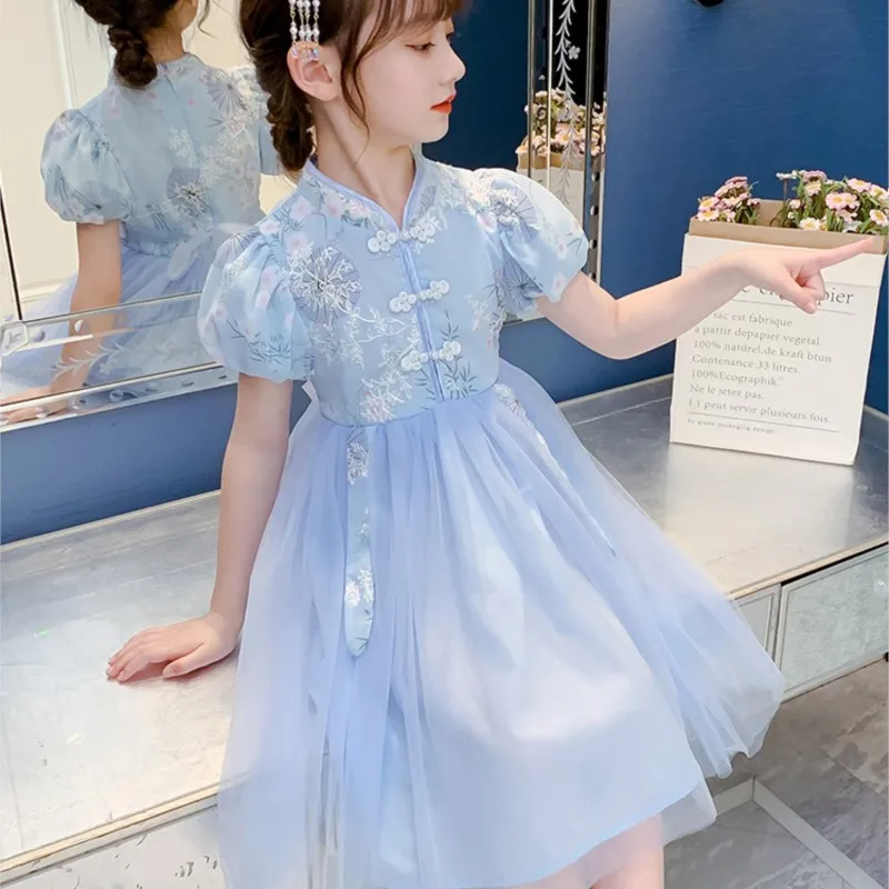 

Girls Hanfu Dress New Arrival Children's Summer Short-Sleeved Cheongsam Skirt Kids Cute All-Match Chinese Qipao Skirt LC835