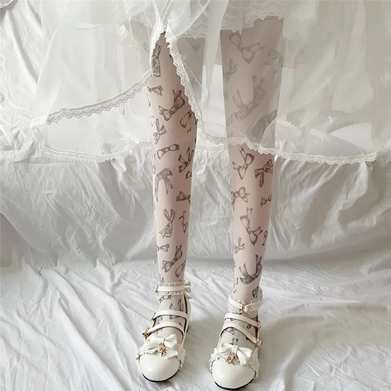 

Japanese Lolita Cream White Bow Printed Silk Stockings Lolita Women's Spring And Autumn Thin 50d Sweet Pantyhose 2022 New