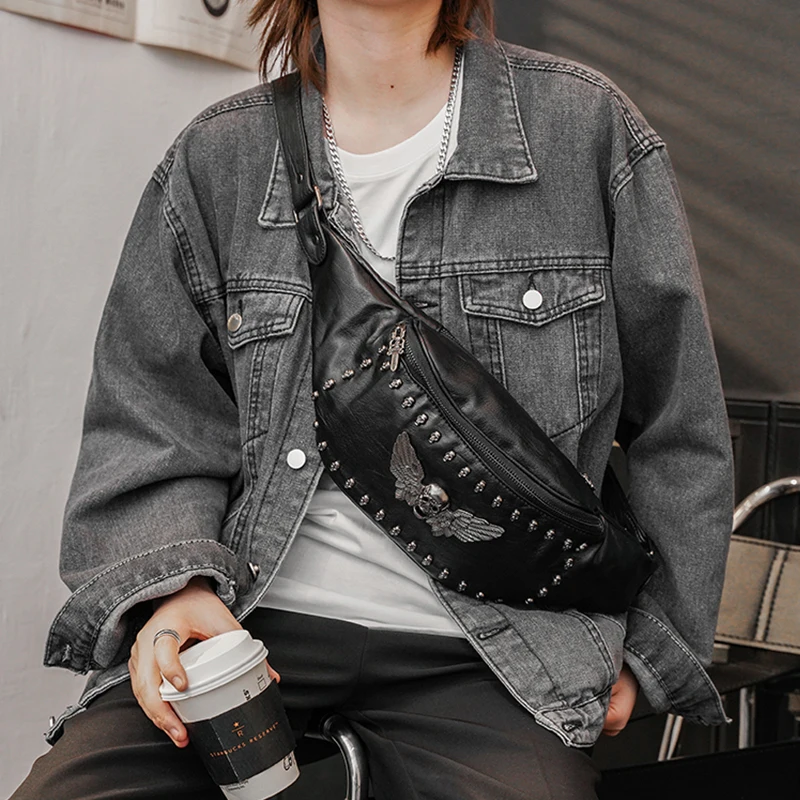 Soft Leather Sling Phone Bags Rivets Decorated Small Chest Side Purse Trendy Black One Shoulder Backpack Bag Crossbody for Men