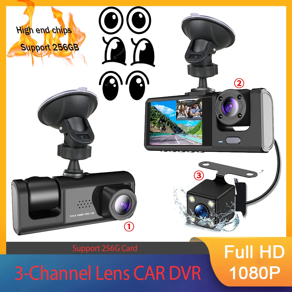 

3 Channel Dash Cam 1080P Video Recorder Three Lens Car Camera with Rear View DVR 24H Parking Monitor Black Box