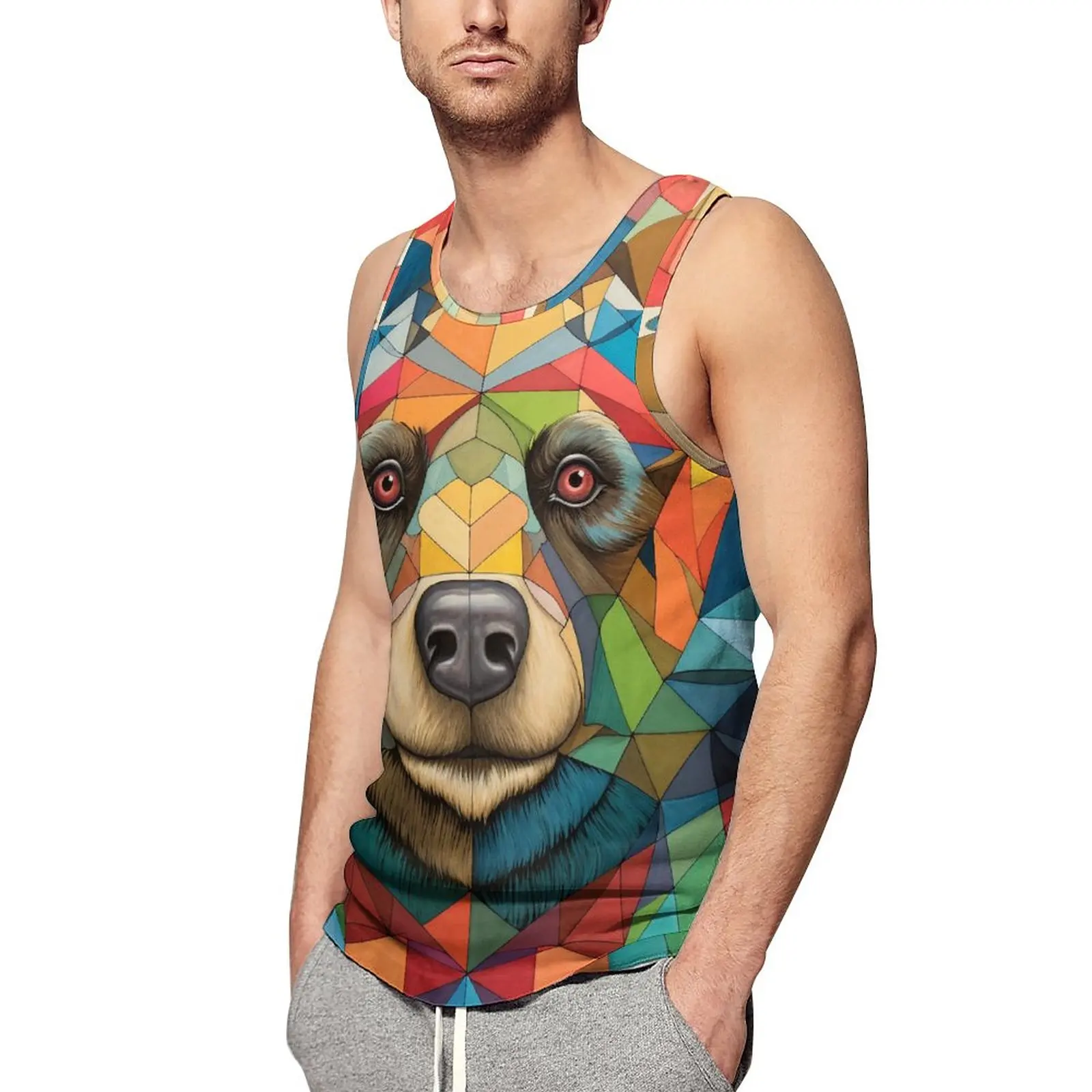 

Bear Tank Top Men Colored Cartoon Pencil Art Workout Oversized Tops Summer Streetwear Custom Sleeveless Vests