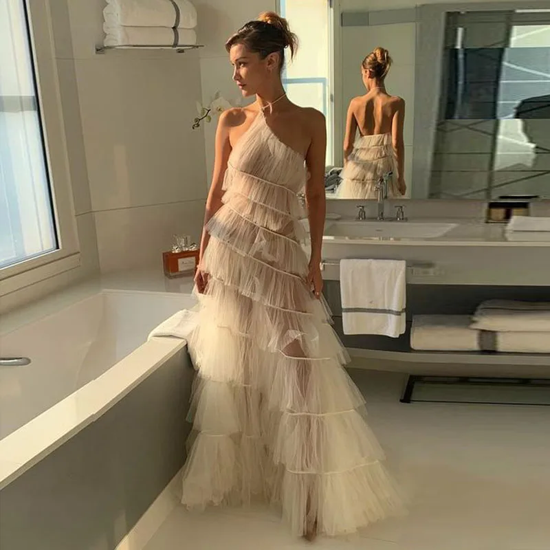 

Elegant Tiered Tulle Prom Dress Hunter Neck See Through Party Dresses for Homecoming Evening Gowns