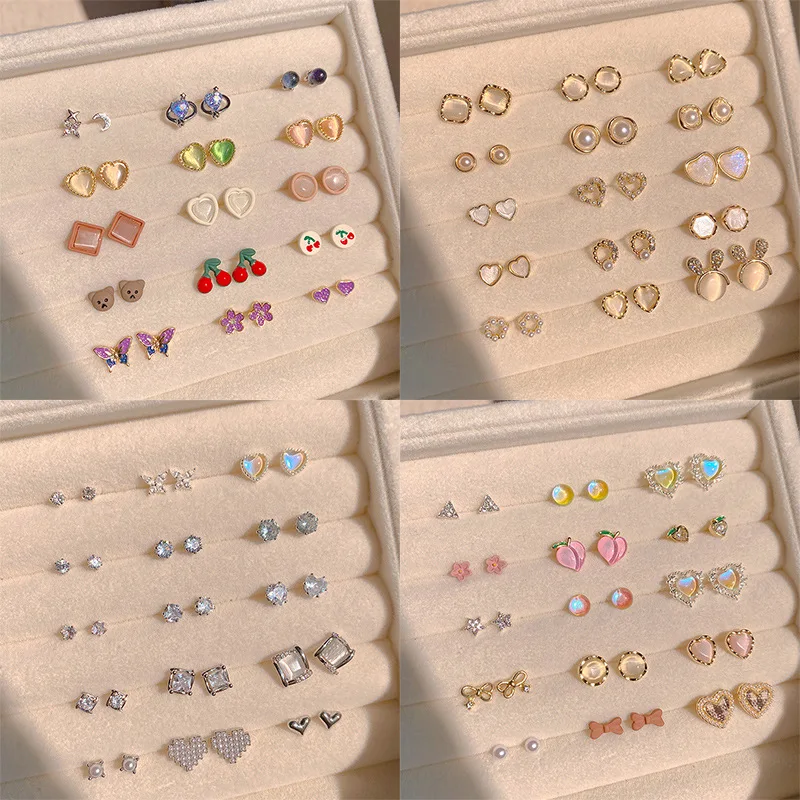 

6PCS Mixed Geometric Crystal Moon Mood Human Star Stud Earrings Metal set for Women Eardrop Trendy 2023 New Trend Jewelry Gifts