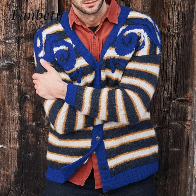 

2023 Autumn Vintage Men's Sweaters Jackets Casual Long Sleeve Jacquard Coat Harajuku Button Loose Knitted Sweater Pullover Male
