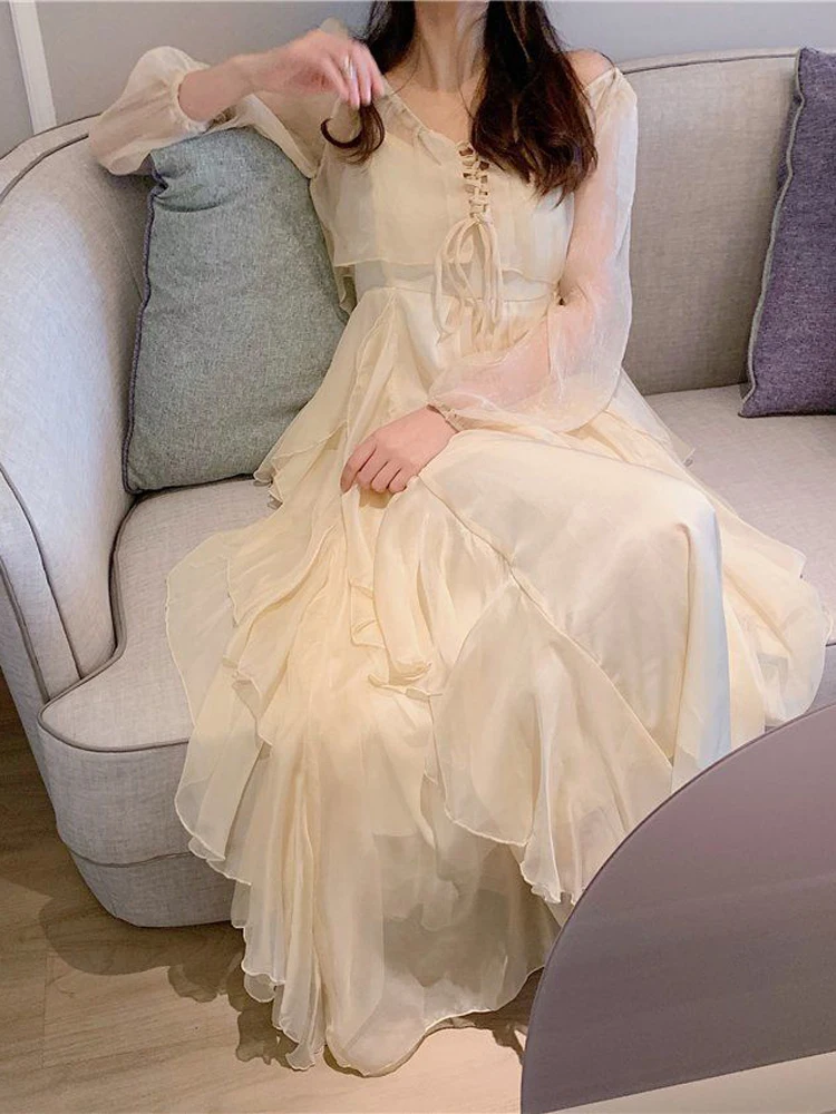 

2022 Summer Women Maxi Long Sundress Suspenders White Apricot Ruffles Fairy Dress Elegant Feminine Holiday Beach Romantic Dress