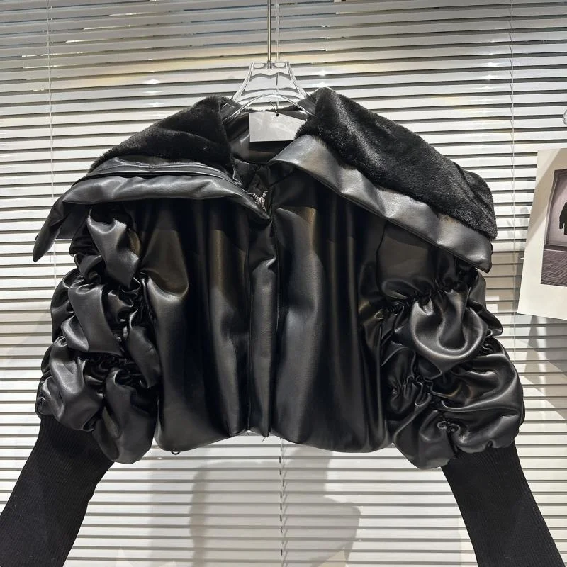 BORVEMAYS 2023 Winter New Fashion Trend Lapel Long Sleeve Solid Color Fur Collar Keep Warm PU Leather Jacket Women  WX367