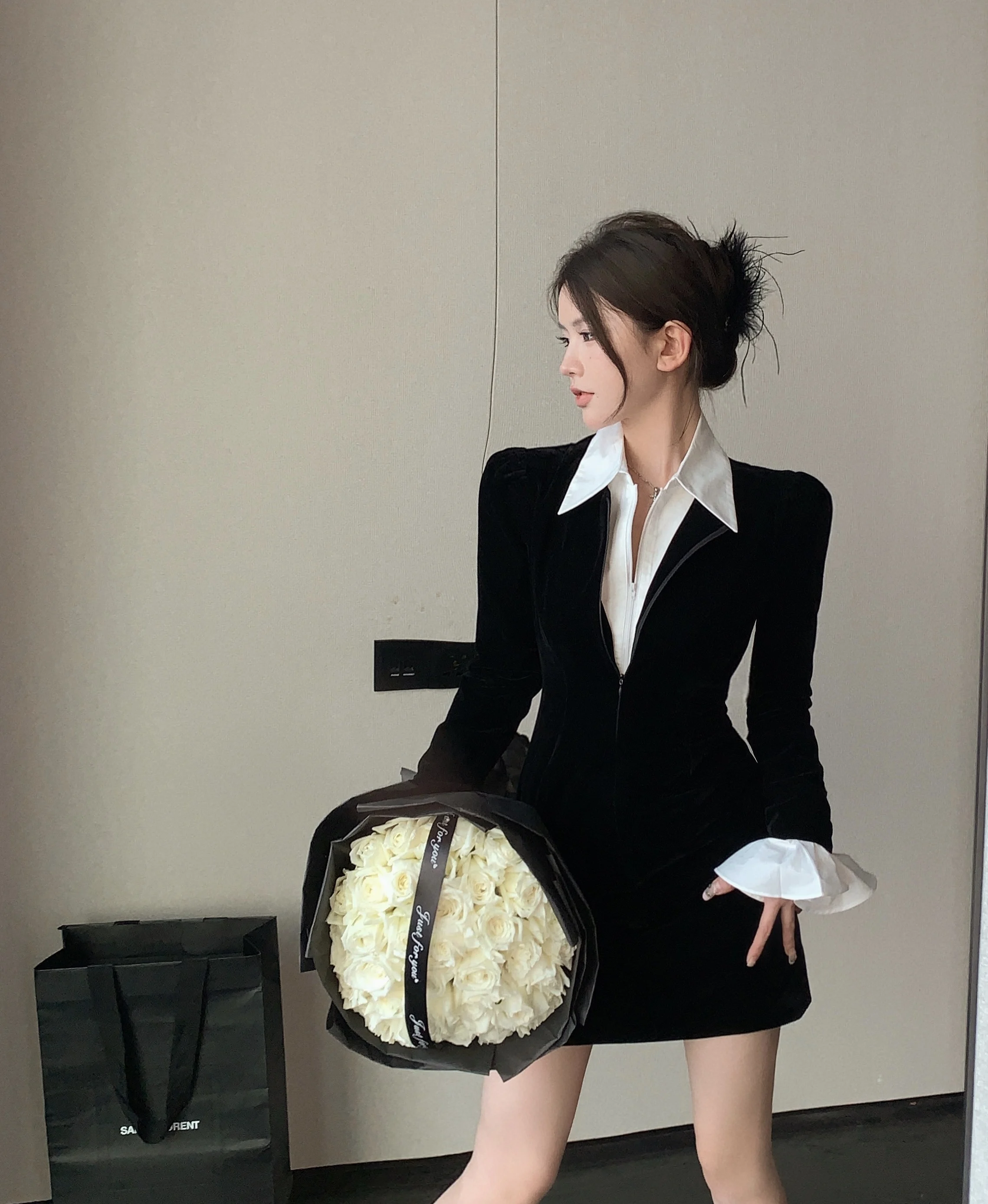 

Женское бархатное платье-мини с высокой талией, контрастное Белое и черное платье из двух частей, корейская мода y2k, модель 2023 года