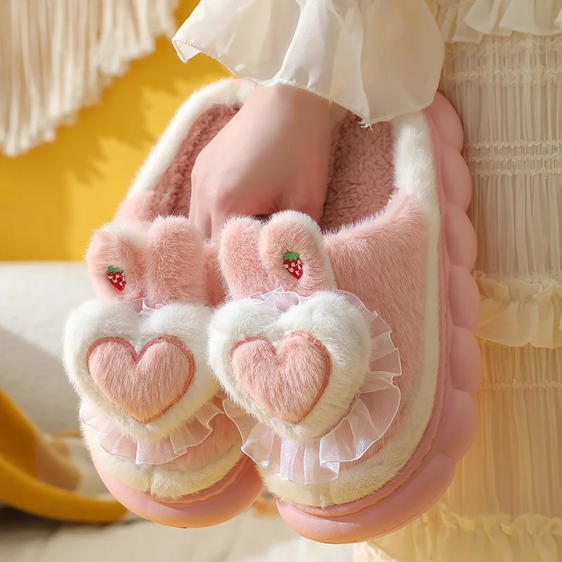

ASIFN New Warm Winter Cotton Slippers Women Home Indoor Fuzzy Cartoon Cute Rabbit Love Soft Sole Fur Slippers Zapatos De Mujer