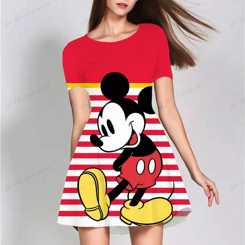 

Women Boho Short Mini Dress Summer Disney Minnie Mickey Mouse Print Beachwear Sundress Ladies Short Sleeve Ruffles Loose Dress